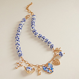 Floral Bow Kettle Key Cross Charm Station Paperclip Chain Floral Ceramic Ball Beaded Link Necklace