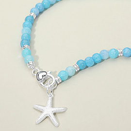 Textured Metal Starfish Charm Pendant Beaded Necklace