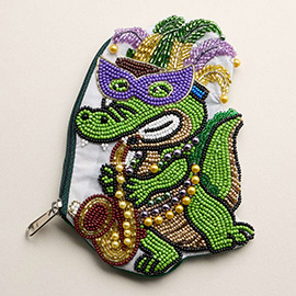 Mardi Gras Jester Alligator Seed Beaded Mini Pouch Bag