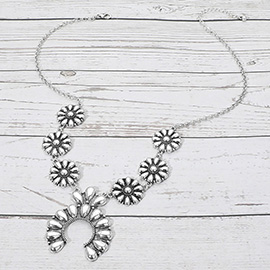 Boho Metal Floral Crescent Charm Statement Necklace