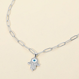 Stainless Steel CZ Stone Paved Evil Eye Hamsa Hand Pendant Paperclip Chain Necklace
