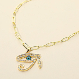 Stainless Steel CZ Stone Paved Eye of Horus Pendant Paperclip Chain Necklace