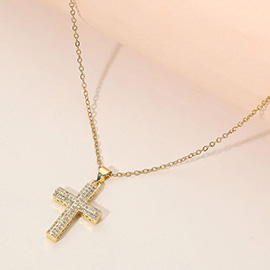 Stainless Steel CZ Stone Paved Cross Pendant Necklace