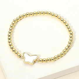 Stainless Steel Mother of Pearl Butterfly Charm Beaded Stretch Bracelet