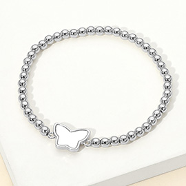Stainless Steel Mother of Pearl Butterfly Charm Beaded Stretch Bracelet