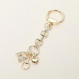 14K Gold Plated CZ Stone Pave Lock Horsebit Heart Charm Drop Keychain Bag Charm