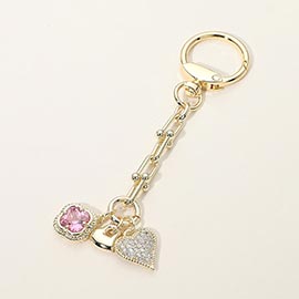 14K Gold Plated CZ Pave Heart Quatrefoil Charm Drop Keychain Bag Charm