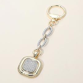 14K Gold Plated CZ Pave Square Charm Drop Keychain Bag Charm