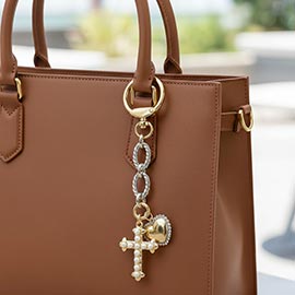 14K Gold Plated Heart Pearl Cross Charm Drop Keychain Bag Charm