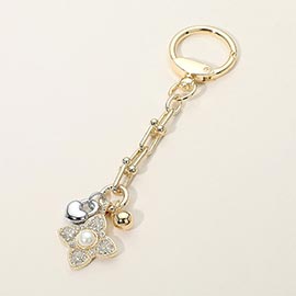 14K Gold Plated Pearl Accent CZ Pave Flower Heart Charm Drop Keychain Bag Charm