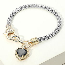 Two Tone CZ Stone Heart Charm Bracelet