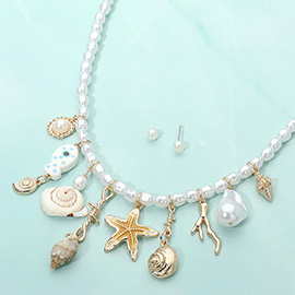 Coastal Starfish Shell Fish Charm Station Beaded Pearl Necklace