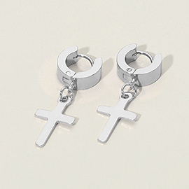 Stainless Steel Cross Charm Dangle Mini Huggie Hoop Earrings