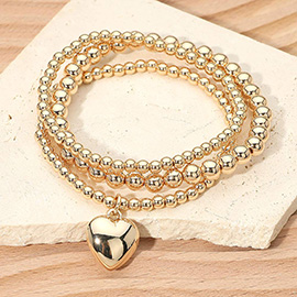 3PCS - Heart Charm Accent Beaded Stretch Multi Layered Bracelets