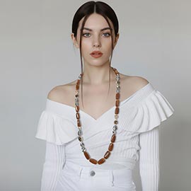 Chunky Oval Faceted Stone Marbled Pebble Beaded Long Necklace