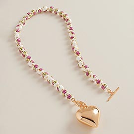 Puffy Metal Heart Toggle Pendant Floral Ceramic Ball Beaded Necklace