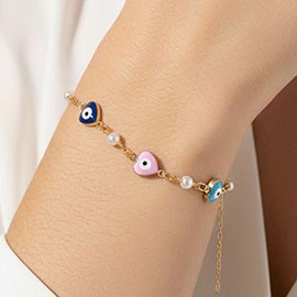 Gold Dipped Heart Evil Eye Pearl Charm Link Bracelet