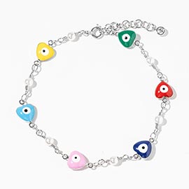 White Gold Dipped Heart Evil Eye Pearl Charm Link Bracelet