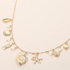 Shell Starfish Fish Pearl Charm Station Necklace