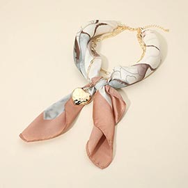 Hammered Metal Heart Pendant Chain Fabric Scarf Layered Necklace