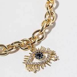 Gold Dipped CZ Stone Paved Evil Eye Charm Chain Link Magnetic Bracelet