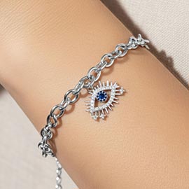 White Gold Dipped CZ Stone Paved Evil Eye Charm Chain Link Magnetic Bracelet