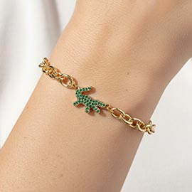 Gold Dipped CZ Pave Alligator Charm Link Chain Magnetic Bracelet