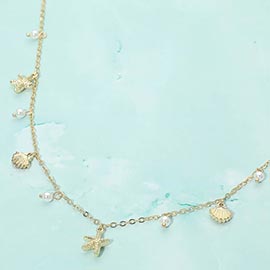 Starfish Shell PEarl Charm Station Necklace
