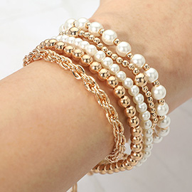 5PCS - Pearl Metal Beaded Twisted Chain Adjustable Stretch Multi Layered Bracelets
