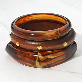 3PCS - Bold Stud Accent Wooden Resin Bangle Multi Layered Bracelets