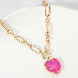 Chunky Heart Stone Cluster Toggle Pendant Necklace