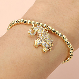 Stainless Steel CZ Stone Paved Elephant Charm Beaded Stretch Bracelet