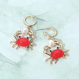 Pearl Accent Crab Charm Drop Mini Hoop Earrings