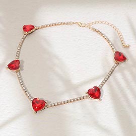 Heart Stone Cluster Station Tennis Chain Necklace