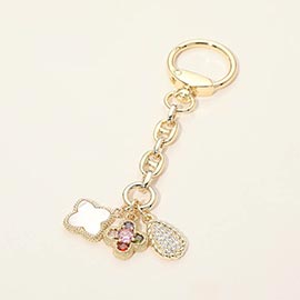 14K Gold Plated CZ Mother of Pearl Floral Charm Drop Bag Charm Keychain