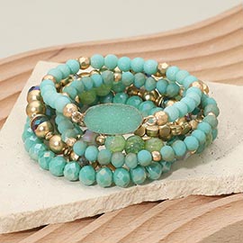 6PCS - Oval Druzy Charm Accent Faceted Beaded Stretch Multi Layered Bracelets