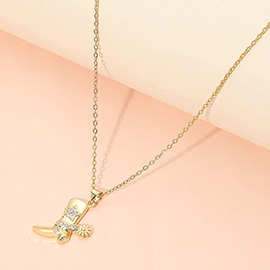 Stainless Steel CZ Stone Paved Star Accent Cowboy Boot Charm Pendant Necklace