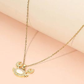 Stainless Steel Mother of Pearl CZ Stone Paved Crab Charm Pendant Necklace