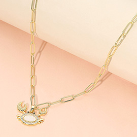 Stainless Steel Mother of Pearl CZ Stone Paved Crab Charm Pendant Paperclip Chain Necklace