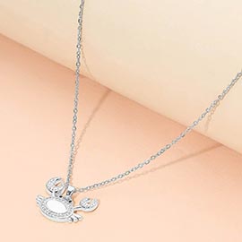 Stainless Steel Mother of Pearl CZ Stone Paved Crab Charm Pendant Necklace