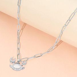 Stainless Steel Mother of Pearl CZ Stone Paved Crab Charm Pendant Paperclip Chain Necklace