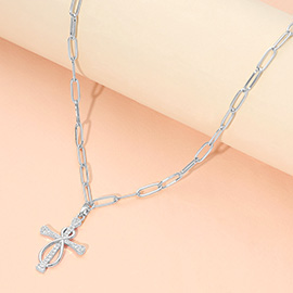 Stainless Steel CZ Stone Paved Knot Cross Charm Pendant Paperclip Chain Necklace