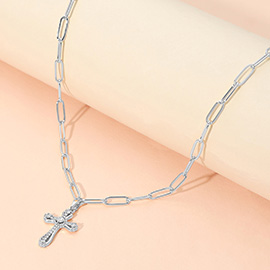 Stainless Steel CZ Cross Charm Pendant Paperclip Chain Necklace