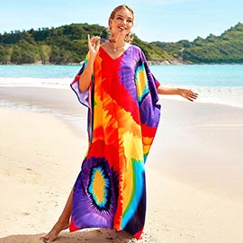 Tie-Dye Boho Print Resort Silky Kaftan Maxi Dress