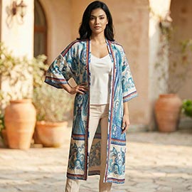 Open Front Silk Feel Ethnic Pattern Kimono Cover Up Poncho