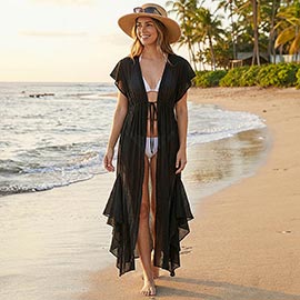 Sheer Flowy Beach Cover Up Tie Front Maxi Kimono