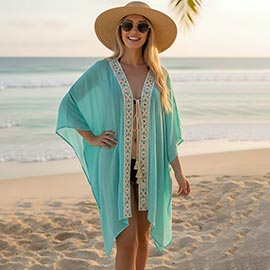 Boho Embroidered Open Front Tassel Tie Cover Up Kimono Poncho