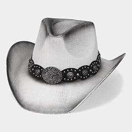 Boho Steer Oval Steer Head Buckle Accent Studded Faux Leather Concho Band Straw Western Cowboy Hat