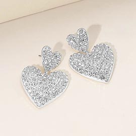 Silver Dipped Rhinestone Pave Double Heart Link Drop Earrings