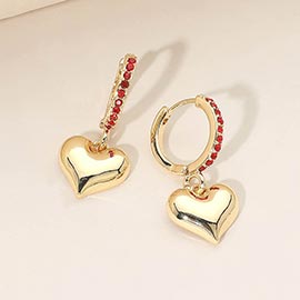 Gold Dipped Heart Charm Drop Dangle Stone Pave Huggie Hoop Earrings